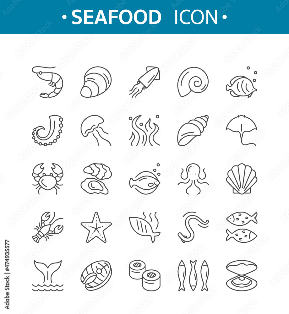Seafood line icons. Vector set of fish and seafood elements with oyster, seaweed, crab, lobster, squid, octopus, jellyfish, starfish, shrimp. Outline icon collection for web, logo, restaurant menu Seafood line icons. Vector set of fish and seafood elements with oyster, seaweed, crab, lobster, squid, octopus, jellyfish, starfish, shrimp. Outline icon collection for web, logo, restaurant menu