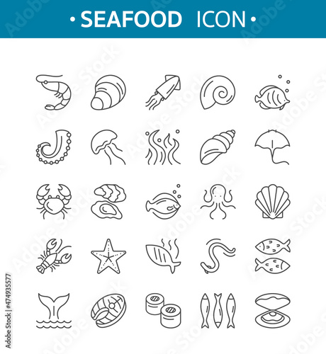 Seafood line icons. Vector set of fish and seafood elements with oyster  seaweed  crab  lobster  squid  octopus  jellyfish  starfish  shrimp. Outline icon collection for web  logo  restaurant menu
