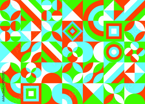 Abstract backdrop with basic geometric shapes. Green, orange, white and light blue colors. Vector illustration