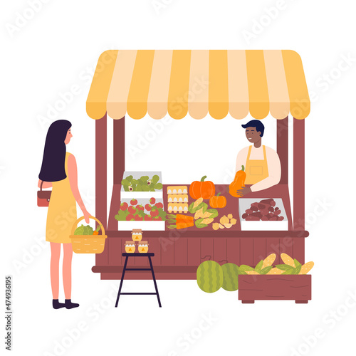 Woman purchasing fresh products at local market. Biological and eco food farming and selling flat vector illustration