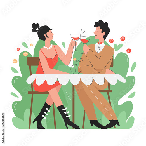 Beautiful young couple dining in restaurant. Relationship spending together pleasent evening flat vector illustration photo