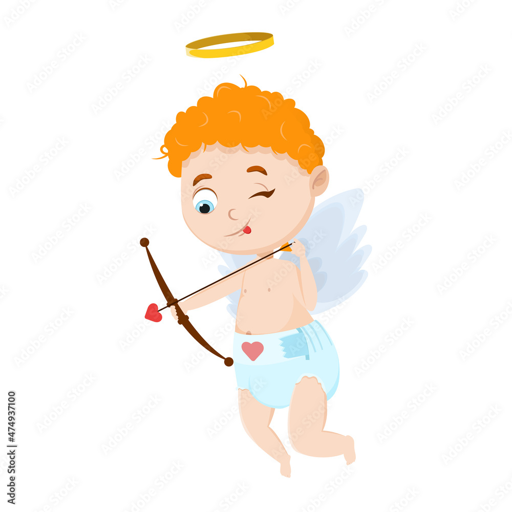 Cute little cupid with a bow and arrow takes aim. Vector cartoon illustration isolated on a white background. Cute little cupid with a bow and arrow takes aim. Vector cartoon illustration isolated on a white background.