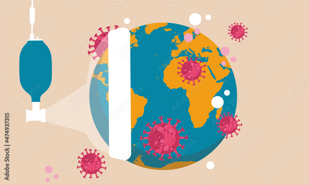 Globe map Earth with medical mask covid virus concept. Coronavirus critical epidemic health infection vector illustration. Warning biohazard virology bacterium planet. Risk covid 19 global Globe map Earth with medical mask covid virus concept. Coronavirus critical epidemic health infection vector illustration. Warning biohazard virology bacterium planet. Risk covid 19 global