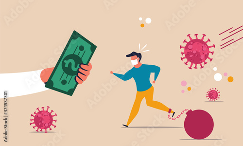 Money stimulus help finance business. Coronavirus first aid economics federal investor. Vector illustration support and recovery dollar wealth. Panic financial bankruptcy stock market deposit
