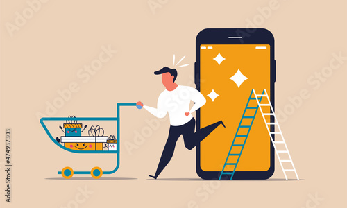 Consumer shop online store with cart and gift box. Phone apps business buy commerce concept vector illustration market. Character shopping with trolley and smartphone wireless service