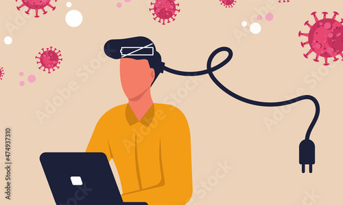 Work at home office business burnout. Corona virus quarantine stress exhausted social trouble. Headache for job people online. Vector illustration freelance character workplace for epidemic outbreak