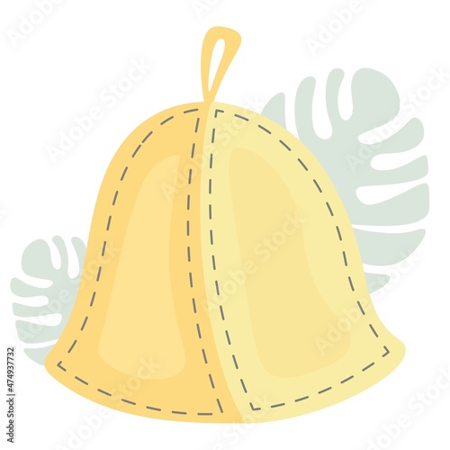 Hat for bath and spa treatments. Bath sauna yellow cute hat icon. An item for pleasure and relaxation. Steam bath accessories. Vector flat cartoon for web design isolated on transparent background