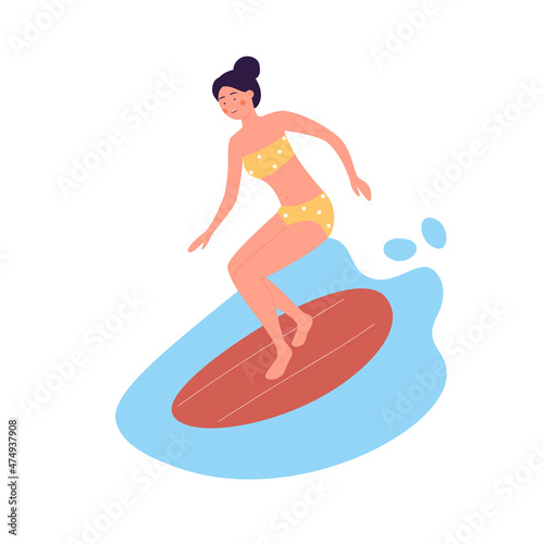 Cute young girl on surfboard riding a sea wave. Aquatic summer sport activity cartoon vector illustration