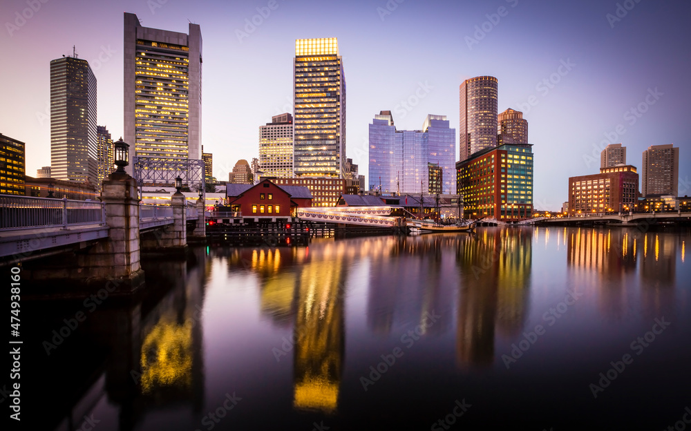 View of Boston in Massachusetts, USA at the Boston Harbor and Financial District. View of Boston in Massachusetts, USA at the Boston Harbor and Financial District.