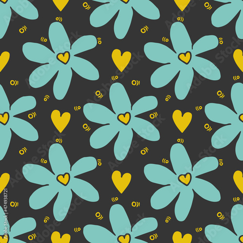 Blue chamomile pattern with yellow hearts on grey background. 