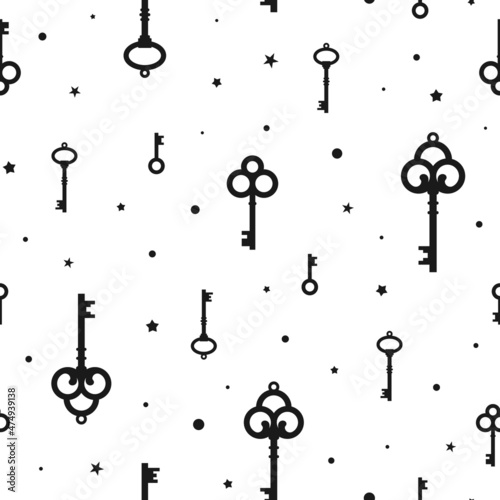 Seamless ornament with vintage keys and stars. Vector retro pattern on white.