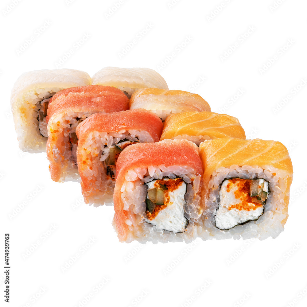 Sushi set on the white background. Closeup of delicious japanese food with sushi roll. Sushi set on the white background. Closeup of delicious japanese food with sushi roll.