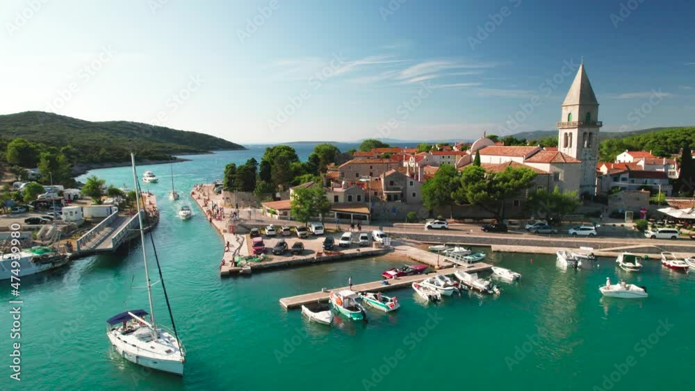 Town of Osor turquoise coast aerial view, bridge between Cres and Mali Losinj islands, Adriatic archpelago of Croatia