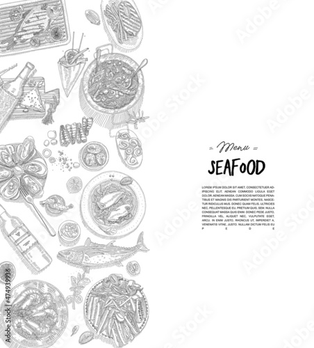 Seafood menu frame. Menu or flyer of the restaurant with the sea food. Food sketchy hand-drawn vector illustration.