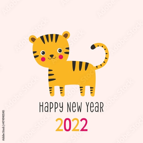 Happy New Year 2022, vector greeting card with a cute cartoon tiger