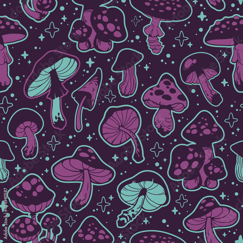 seamless pattern of different mushrooms and cute background