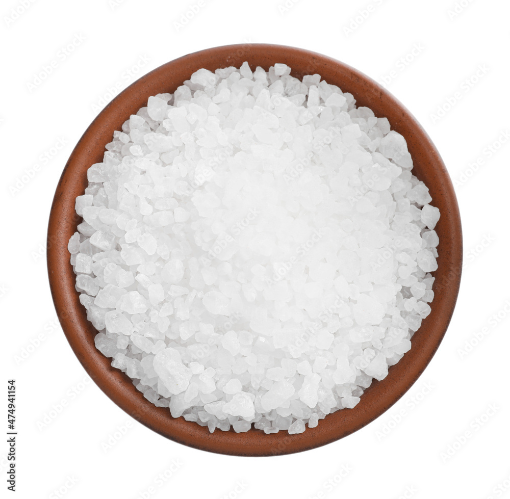 Natural salt in bowl isolated on white, top view Natural salt in bowl isolated on white, top view