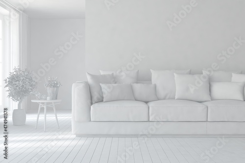 Mock up of minimalist living room in white color with sofa. Scandinavian interior design. 3D illustration