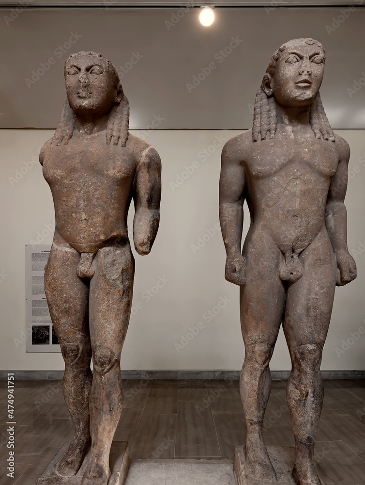 The twin statues by Polymedes of Argos, conventionally known as Kleobis and  Biton at Delphi Archaeological Museum, Greece Photos | Adobe Stock