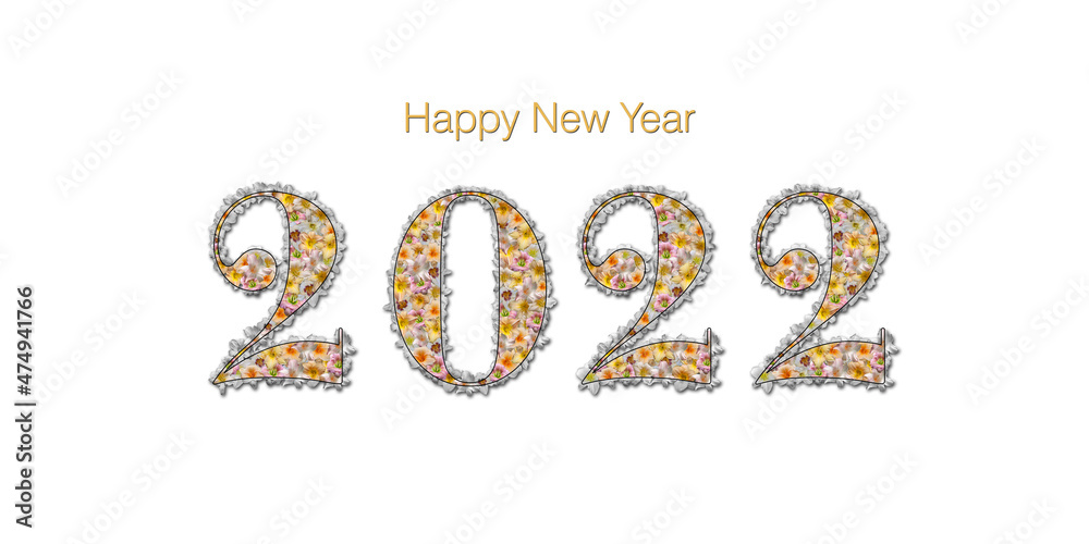 Bonne année 2022 - Lettres remplies de fleurs multicolores, entourées de fleurs détourées sur fond blanc Bonne année 2022 - Lettres remplies de fleurs multicolores, entourées de fleurs détourées sur fond blanc