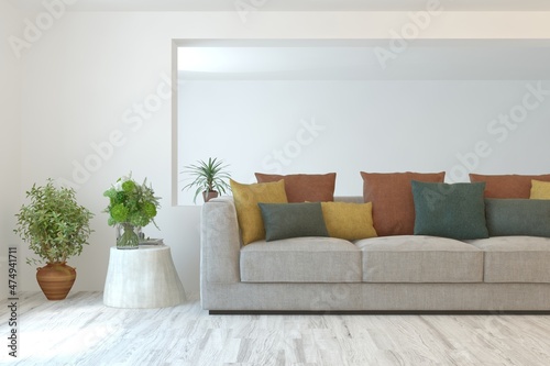 White living room with sofa. Scandinavian interior design. 3D illustration © AntonSh