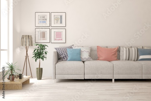 White living room with sofa. Scandinavian interior design. 3D illustration