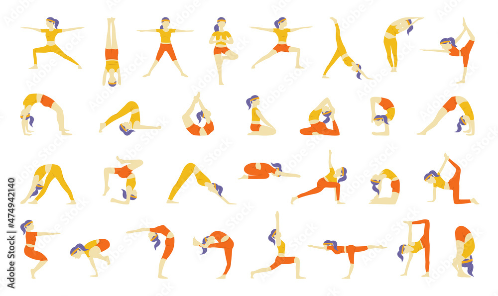 Collection of yoga poses. Illustrations of a girl doing yoga and stretching in a flat style.