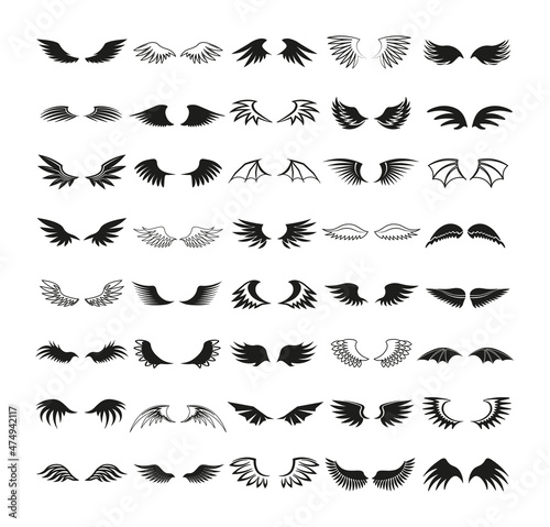 Vector set of wings icons. Illustrations for creating tattoos, logos, and prints.