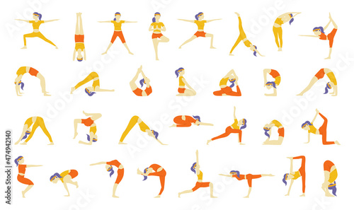 Collection of yoga poses. Illustrations of a girl doing yoga and stretching in a flat style.