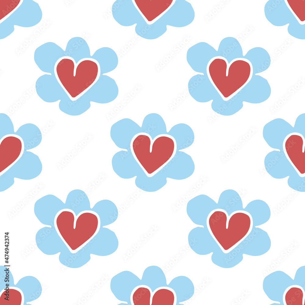 Blue chamomile pattern with hearts on white background. 