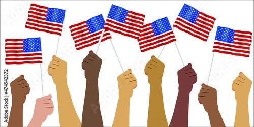 Group of People hold american flags. American rebels at demonstration. Hands raising American flags. Vector illustration flat design. Isolated on white background.