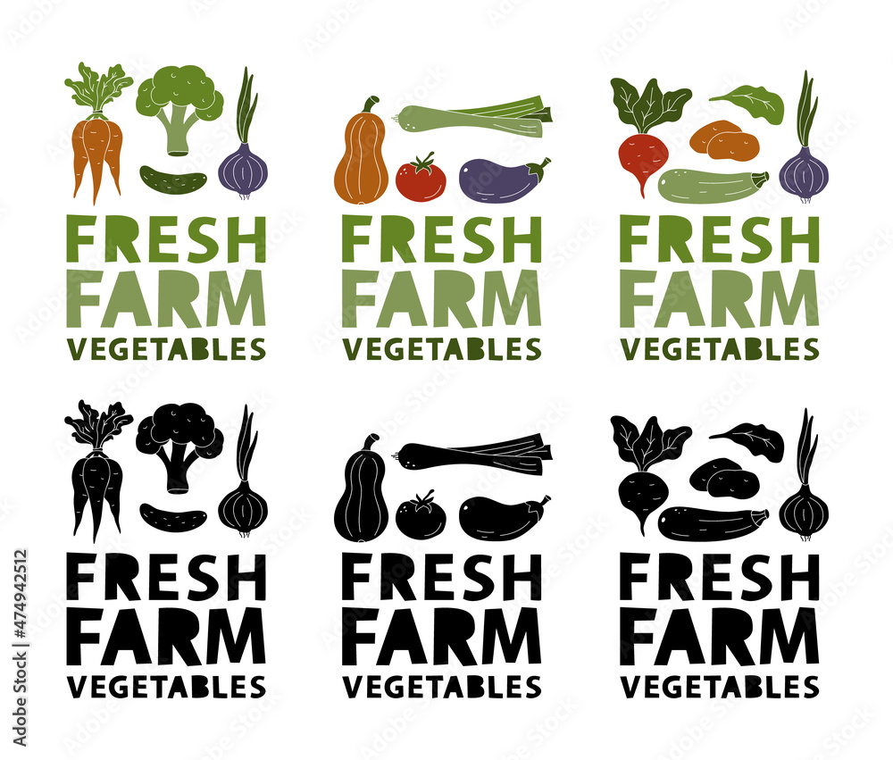 Fresh farm vegetables. Vertical hand drawn poster, label with isolated ...