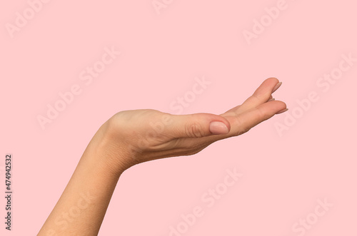 Female empty hand on a pink background. Concept. Close-up.