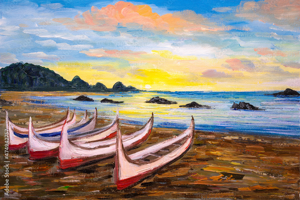 Oil Painting - Aboriginal canoe at sunrise, In Lanyu(Orchid Island), Taitung, Taiwan
