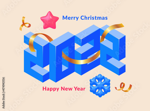 Happy New Year 2022. Blue 3d numbers with  ribbon