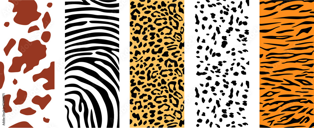 Set of animal skin textures. Vertical vector pattern. Dalmatian, leopard,  cow, tiger and zebra pattern Stock Vector | Adobe Stock