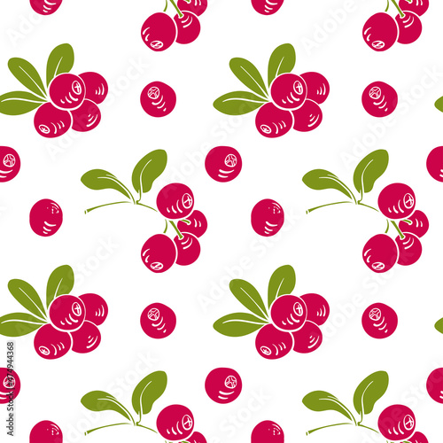 Seamless pattern with cranberries. Colorful paper cut collection of wild and garden berries and leaves in  style isolated on white background. Doodle hand drawn vector illustration