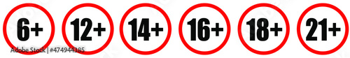 Set of age restriction signs. Marks age limit. Sign for the restriction of the age content. Age limit from six to twenty one.
