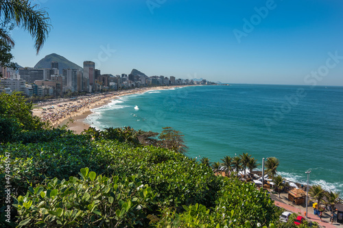 Rio de Janeiro, Rio de Janeiro, Brazil, August 2019 - view of the beautiful and famous Ipanema and Leblon beaches from a viewpoint at Parque Penhasco Dois Irmos (Two Brothers Cliff Park) photo