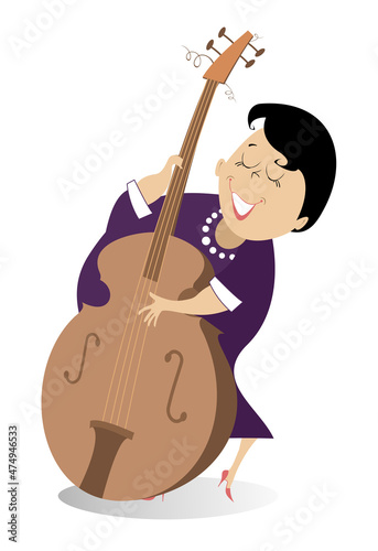 Young musician woman with contrabass illustration.  Smiling woman plays music on double bass isolated on white background 