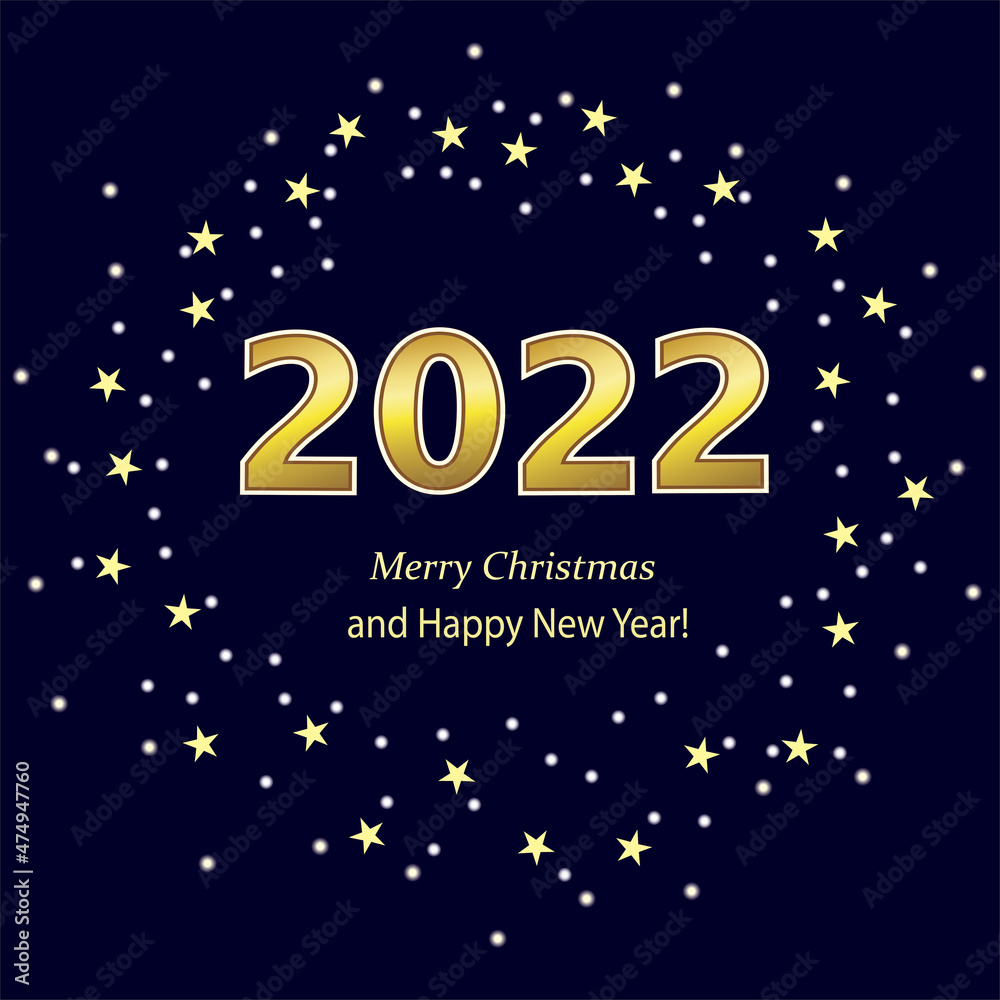 Happy New Year 2022. Christmas greeting card, holiday background with gold numbers 2022 on a dark background with stars. Vector illustration