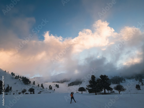 Back view of young woman standing at snowy slope and photographing the winter calm cloudy mountain landscape at sunset. Splendid snow-covered mountains view with beautiful fir trees on slope. © Iryna Budanova