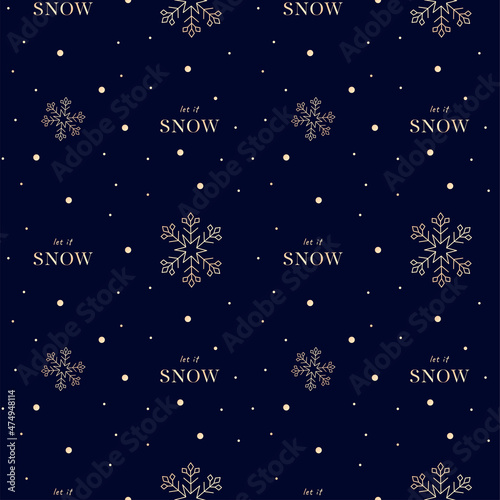 Luxury festive background with golden snowflake, bows and Christmas trees on stylish blue background. Ornament for gift wrapping paper, fabric, clothing, textiles, surface textures.