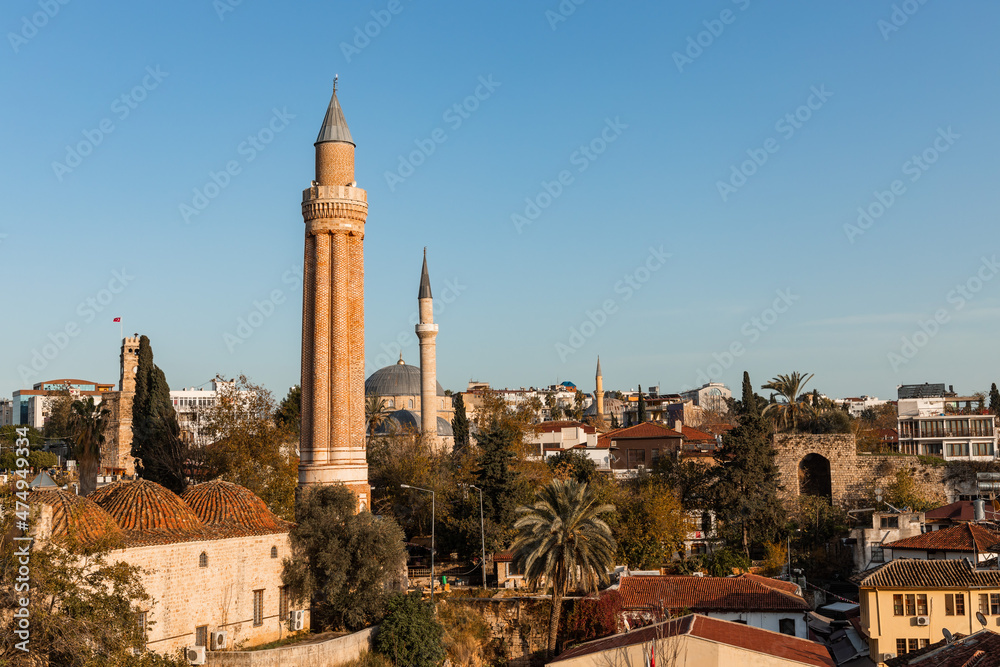 Yivli minare Mosque (Yivliminare Cami), Ulu Mosque in Antalya, historical mosque built by the Anatolian Seljuk Sultan Alaaddin Keykubad, The fluted minaret.