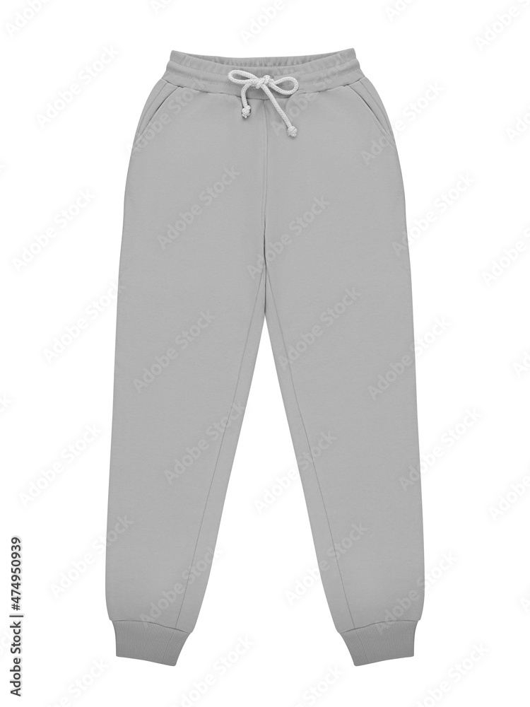 Grey jogger pants mockup. Template sports trousers front view for design.  Fitness wear isolated on white Stock Photo
