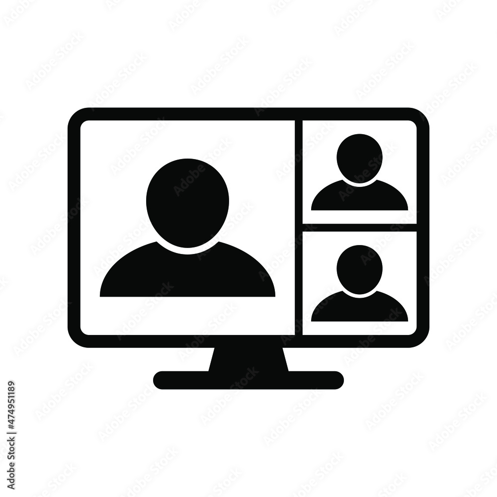Video conference icon. Meeting People on computer screen. Home office in quarantine times. Internet teaching media Business Presentation. Digital communication. 