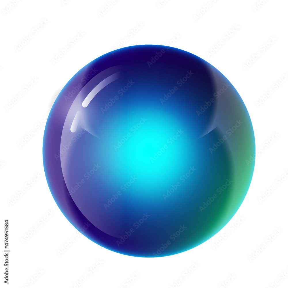 Magic ball shining  bright glass 3d sphere with dark blue- to -green gradient sides  and neon blue core in the center vector illustration