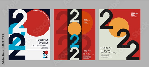 2022 Colorful set of Happy New Year posters. Abstract design with typography style. Vector logo 2022 for celebration and season decoration, backgrounds for branding, banner, cover, card and more.