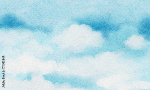 Photography Blue sky with fluffy cloud,Watercolour hand painted Sky on white paper,Illustrat