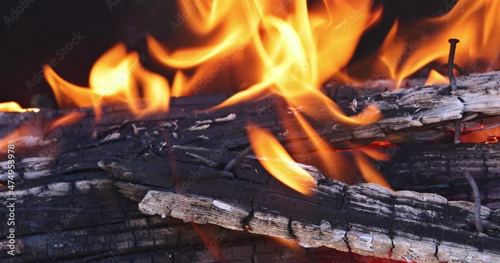 Yellow flames in the fire with wood and log. Close up. Yellow flames in the fire with wood and log. Close up.
